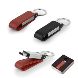 Siyah ve taba renk seçenekli 16 GB deri ve metal USB bellekli promosyon anahtarlık
