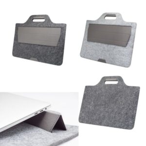 Gri renk seçenekleri ve laptop standı olarak kullanımı gösterilen keçe promosyon evrak çantası