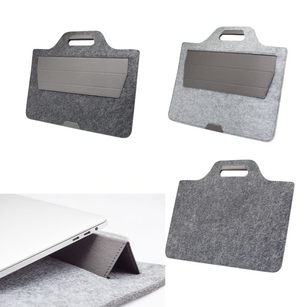 Gri renk seçenekleri ve laptop standı olarak kullanımı gösterilen keçe promosyon evrak çantası